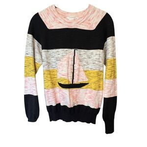 Anthropologie Pink Multi Stripe Sailboat Crew Neck Sweater Sz XS Preppy Nautical